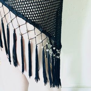 Vintage Large Black Mesh Shawl Scarf Seashell Fringe Belly Dance Wrap 58”